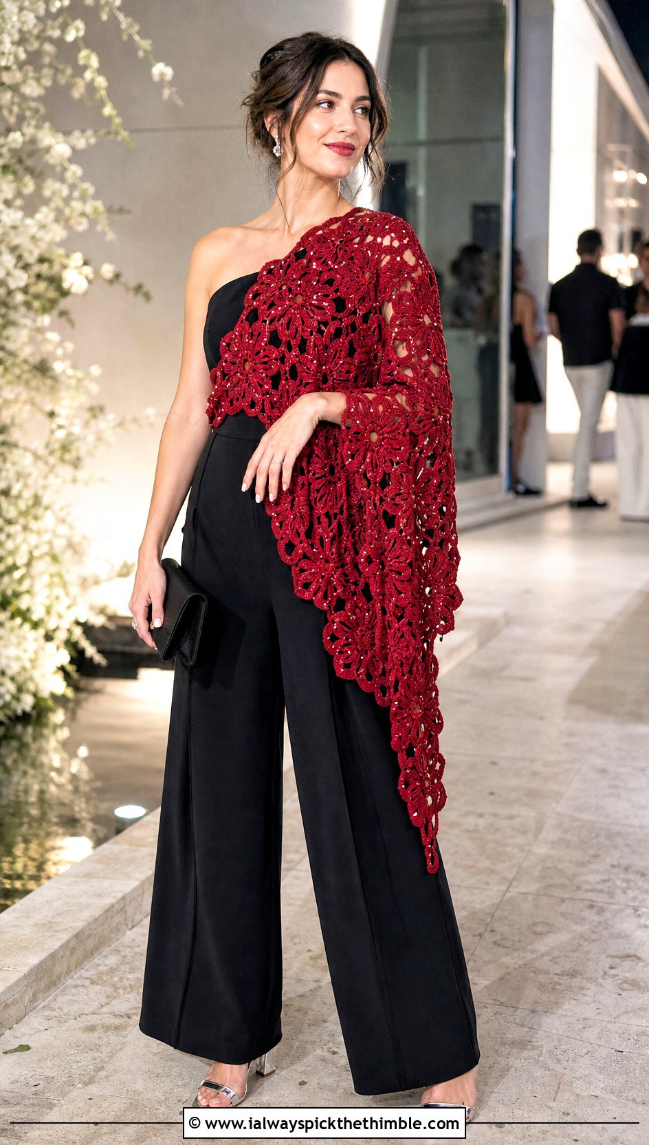 Beaded Flower Motif Shawl With Jumpsuit And Heels - 15 Crochet Flower Shawl outfit ideas