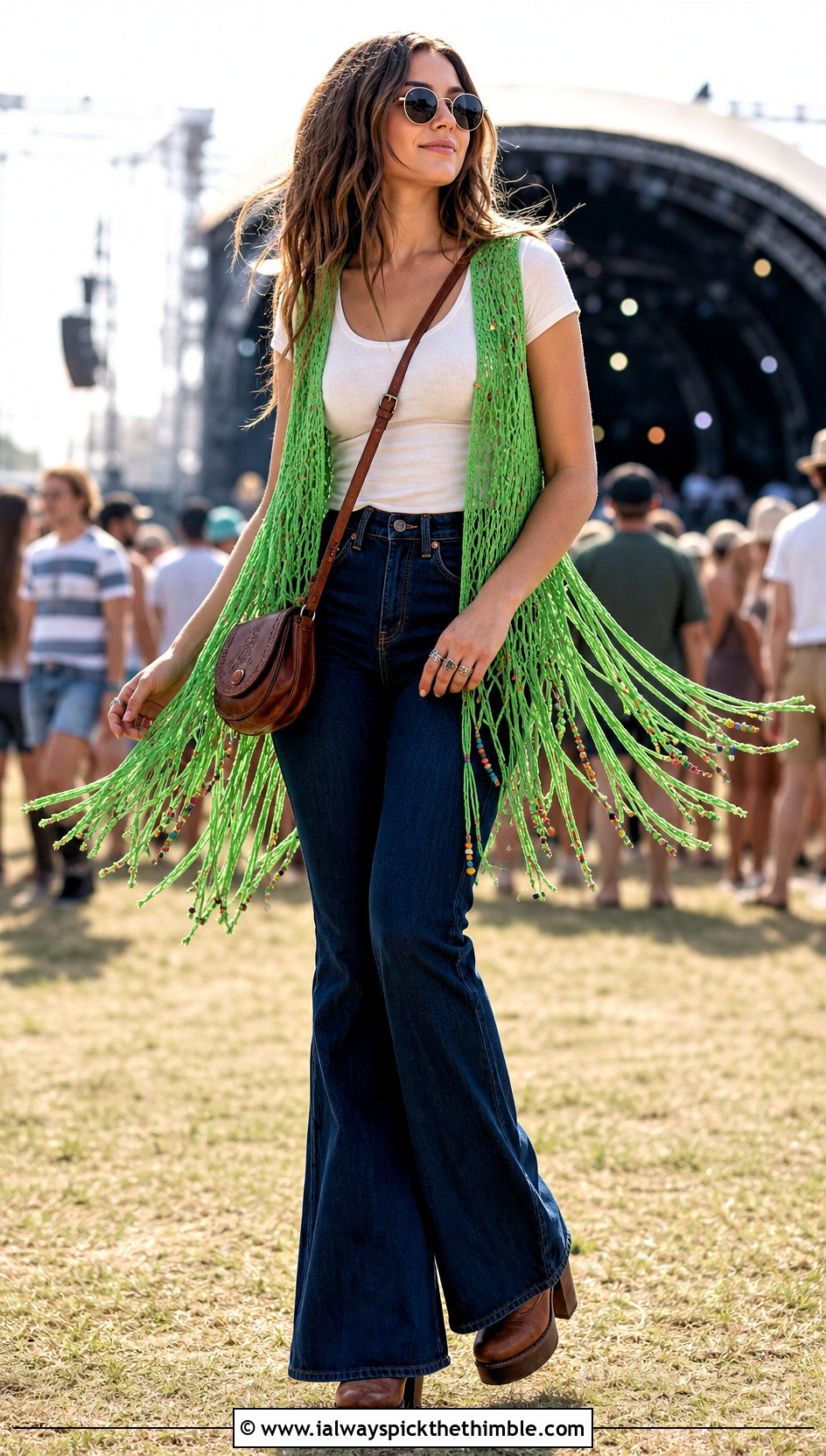 Beaded Fringe Crochet Hippie Vest With Flared Jeans - 20 crochet hippie vest outfit ideas