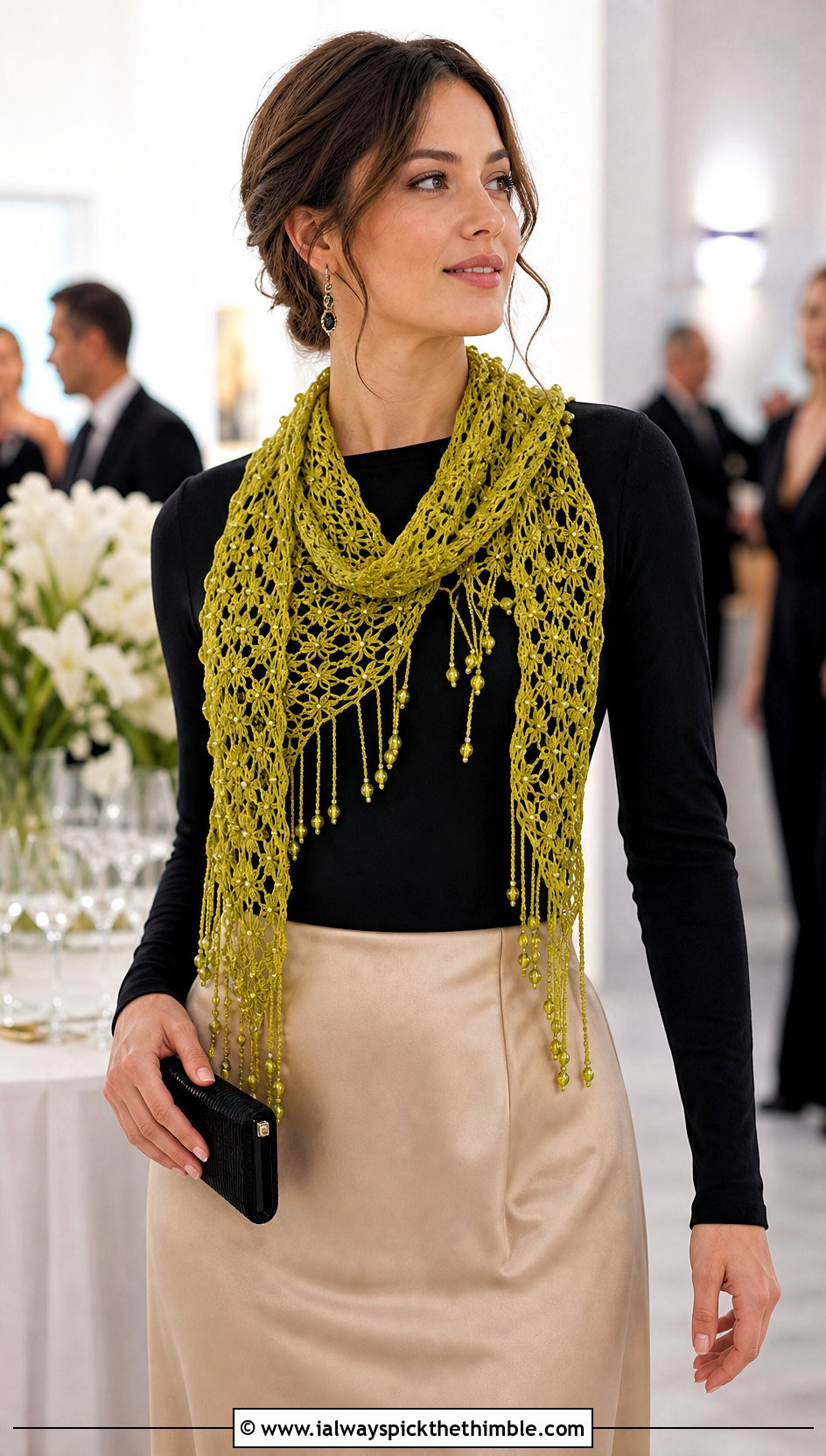 Beaded Fringe Lace Crochet Scarf With Satin Skirt - 20 Crochet Scarf Fringe Ideas