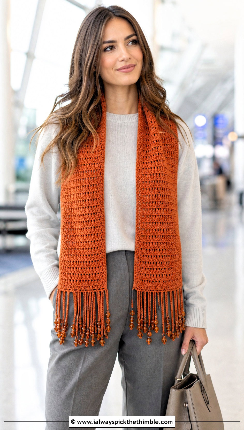 Beaded Fringe Rectangle Scarf With Sweater And Trousers - 15 beaded crochet scarf design outfit ideas