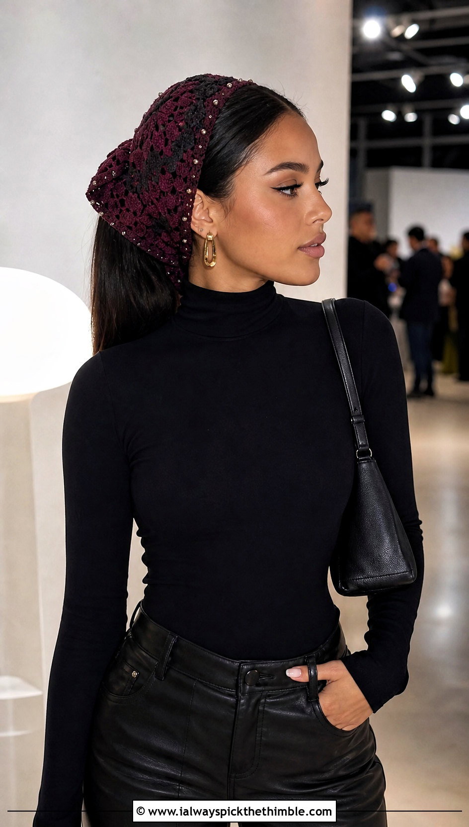 Beaded Granny Square Hair Scarf With Turtleneck And Leather Pants - 20 granny square hair scarf outfit ideas