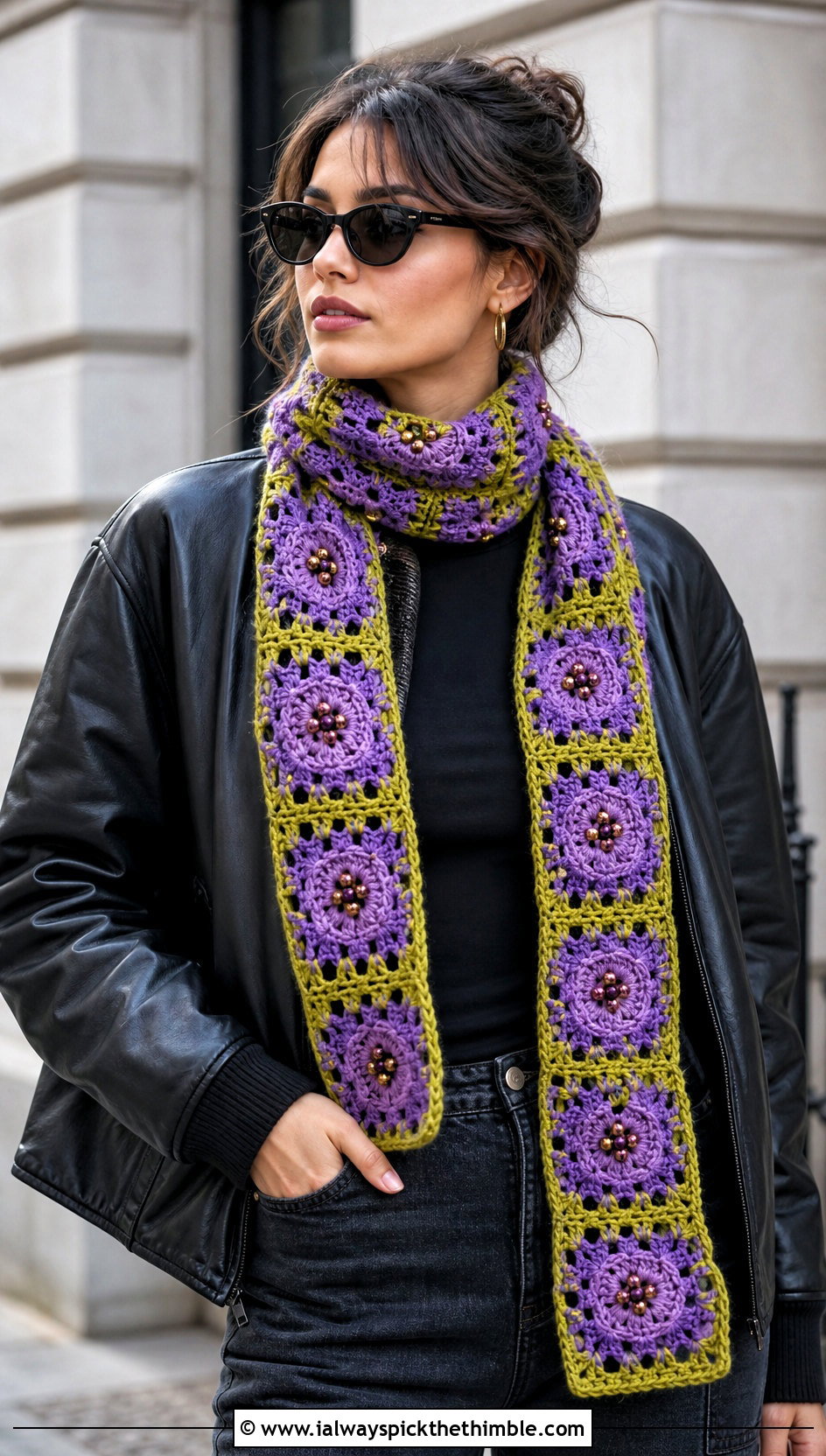 Beaded Granny Square Scarf With Leather Bomber Jacket - 15 beaded crochet scarf design outfit ideas