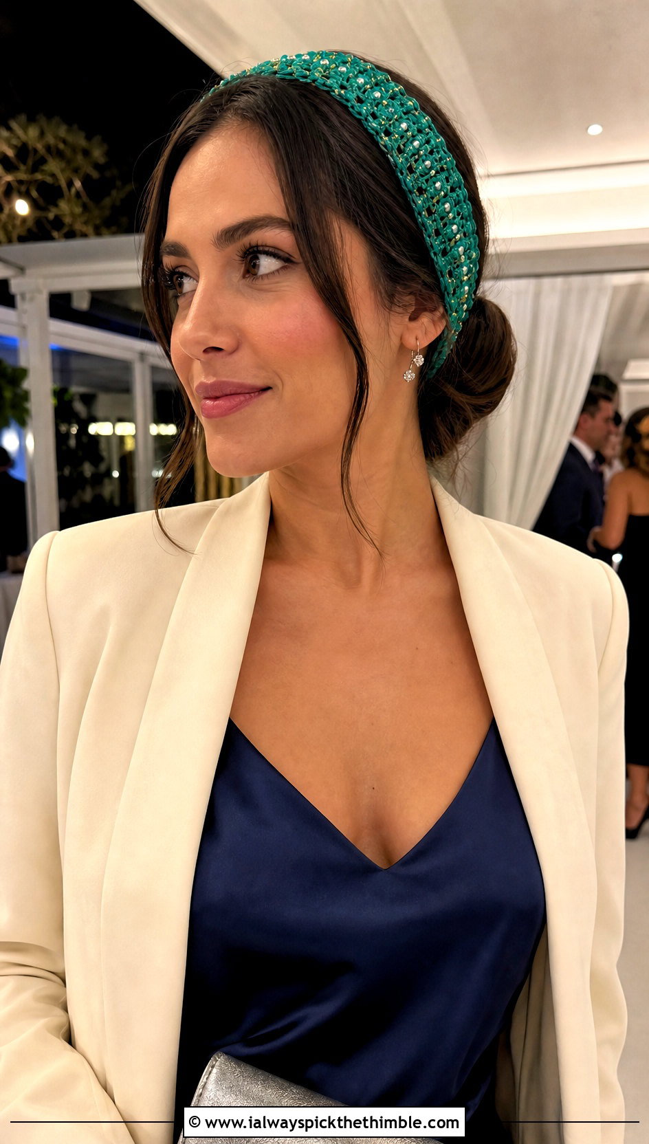 Beaded Green Crochet Headband With Slip Dress And Blazer - 20 green crochet headband outfit ideas