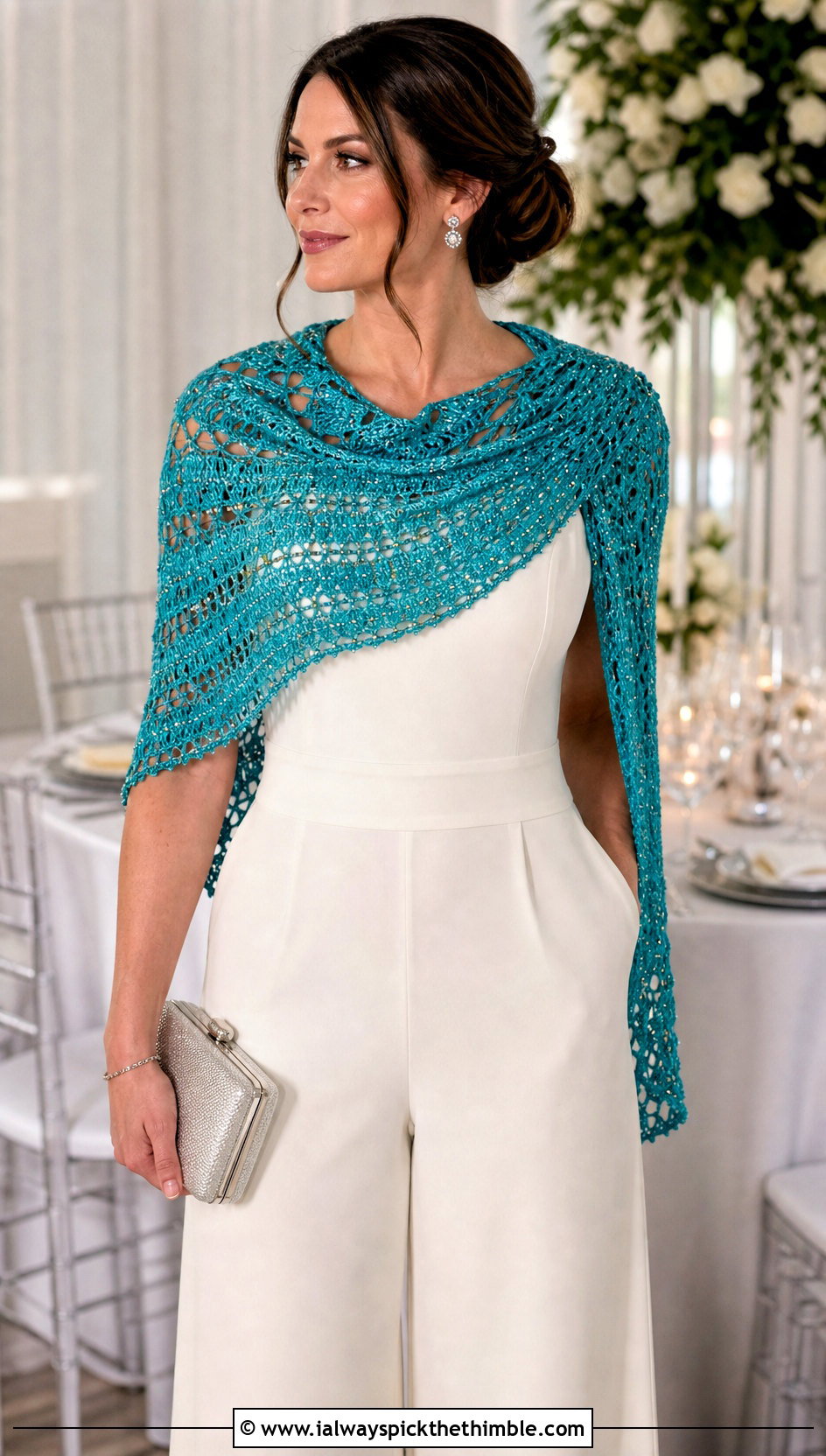 Beaded Half Moon Crochet Shawl With Evening Jumpsuit - 20 Half Moon Crochet Shawl outfit ideas
