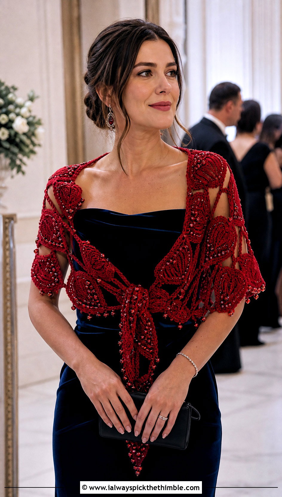 Beaded Heart Crochet Shawl With Velvet Dress - 20 Heart Crochet Shawl outfit ideas