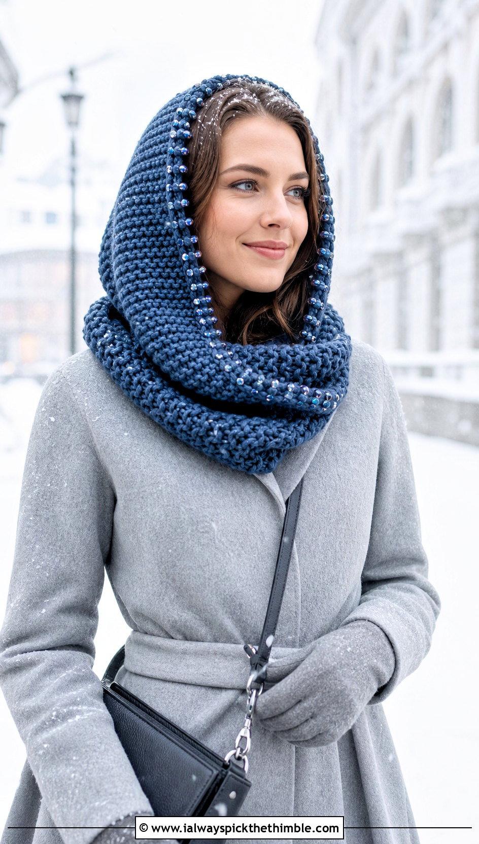 Beaded Hooded Scarf With Wool Coat - 15 beaded crochet scarf design outfit ideas