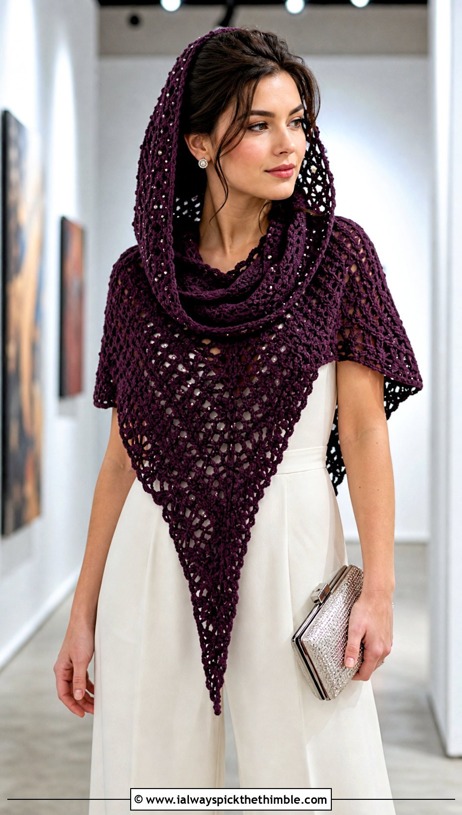 Beaded Hooded Triangle Crochet Shawl With Tailored Jumpsuit - 20 Hooded Triangle Crochet Shawl outfit ideas