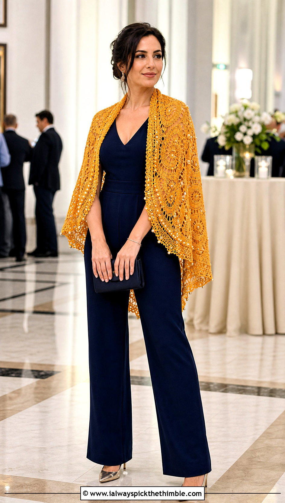 Beaded Lace Crochet Circular Shawl With a Tailored Jumpsuit - 20 crochet circular shawl outfit ideas