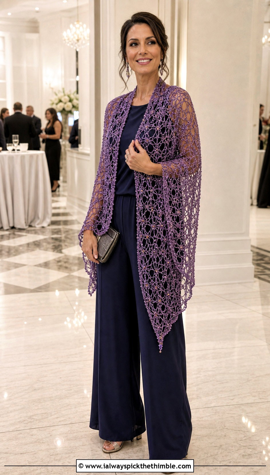 Beaded Lace Crochet Shawl With Evening Jumpsuit - 25 easy crochet shawl outfit ideas