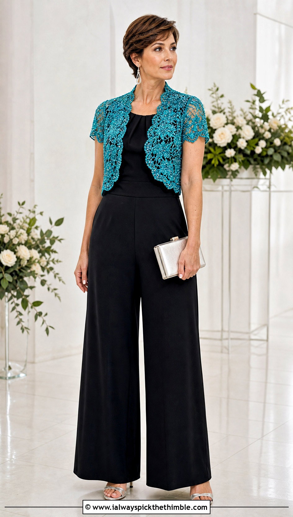 Beaded Lace Crochet Short Sleeve Shrug With Evening Jumpsuit - 20 crochet short sleeve shrug outfit ideas