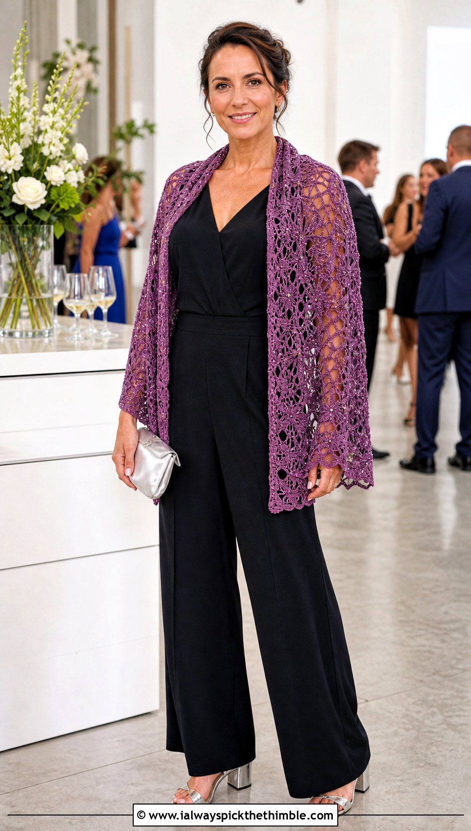 Beaded Lace Rectangular Crochet Shawl With Jumpsuit - 20 rectangular crochet shawls outfit ideas