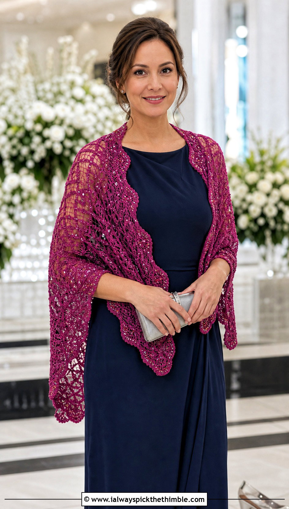 Beaded Lace Shawl With Evening Dress And Metallic Heels - 25 lacy crochet shawl outfit ideas