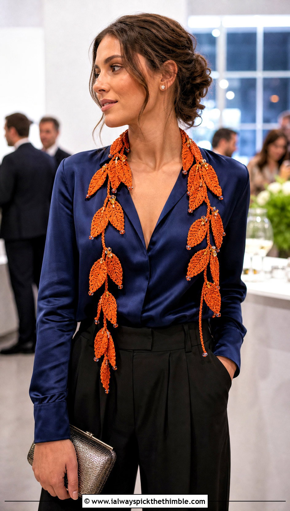 Beaded Leaf Vine Scarf With Satin Blouse - 20 crochet leaf scarf outfit ideas