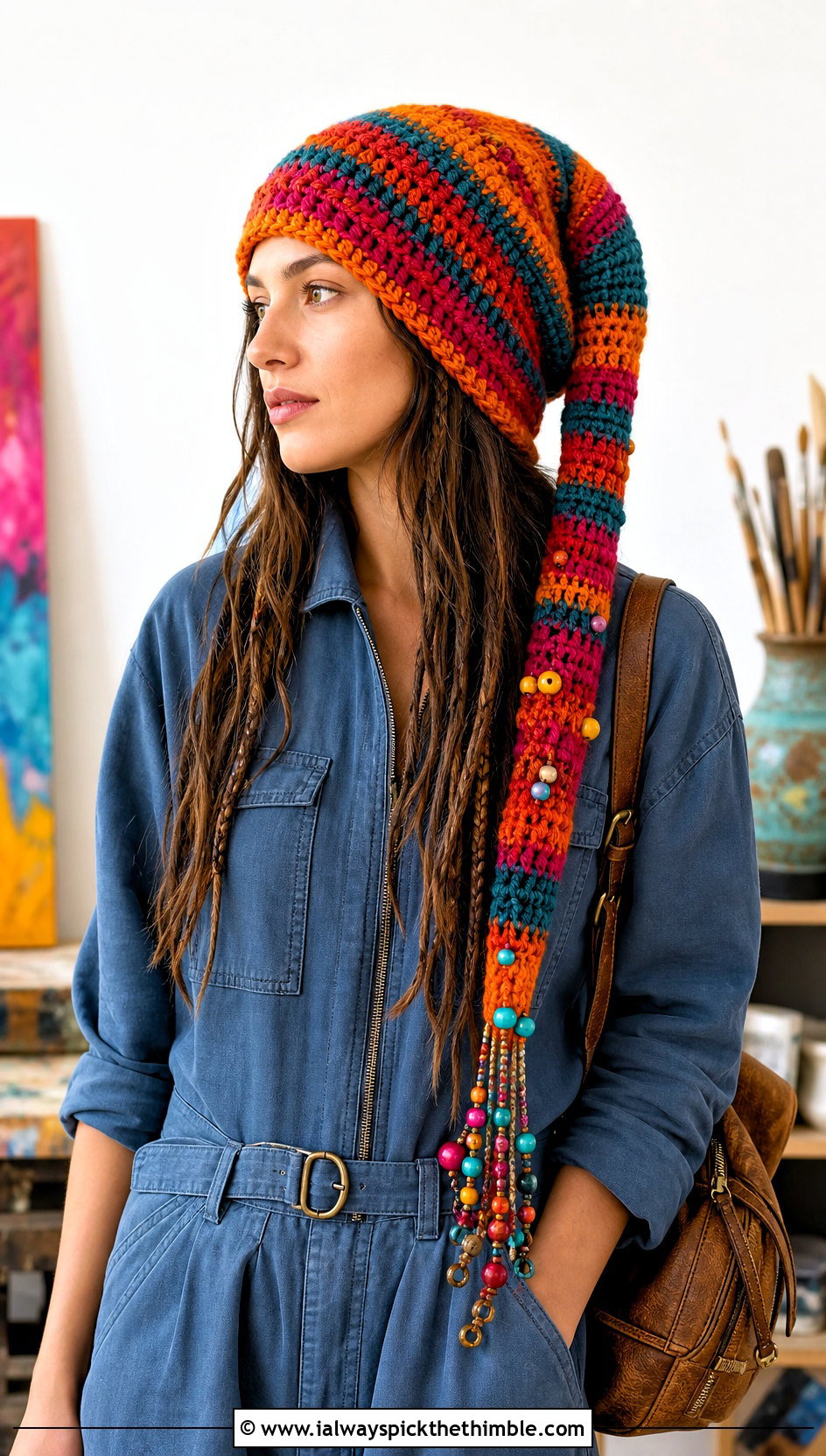 Beaded Long Stocking Crochet Hat With Utility Jumpsuit - 20 crochet long hat outfit ideas