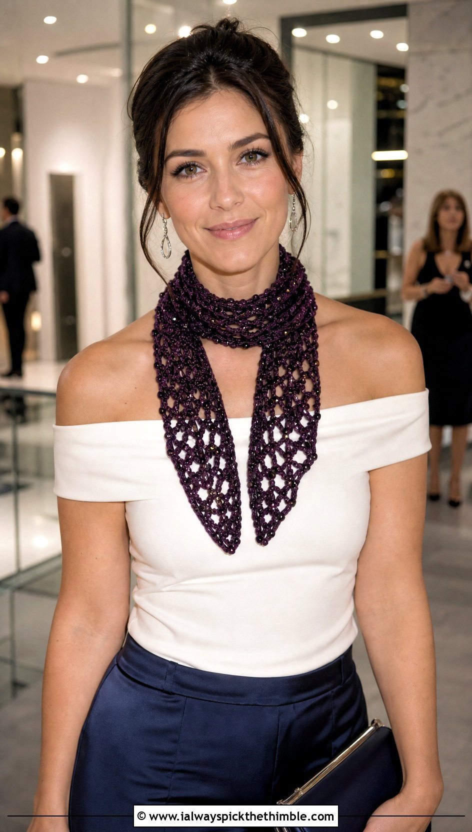 Beaded Mini Crochet Scarf With Off Shoulder Top And Satin Pants - 20 mini crochet scarf outfit ideas