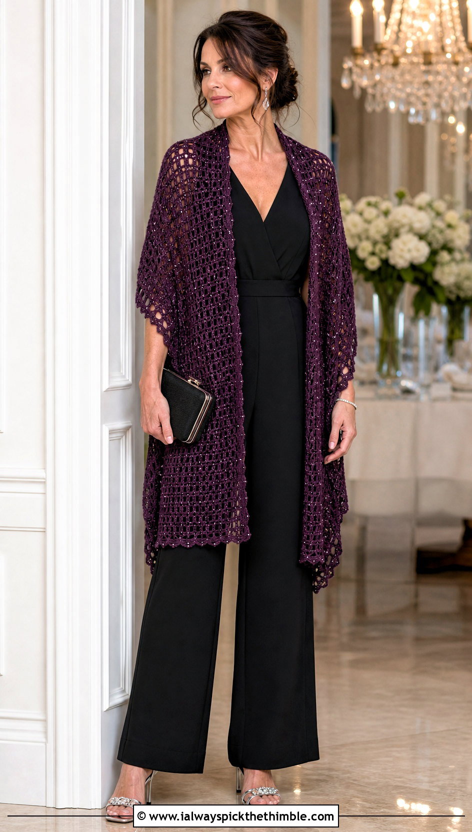 Beaded Rectangle Crochet Shawl With Evening Jumpsuit - 20 Rectangle Crochet Shawl outfit ideas