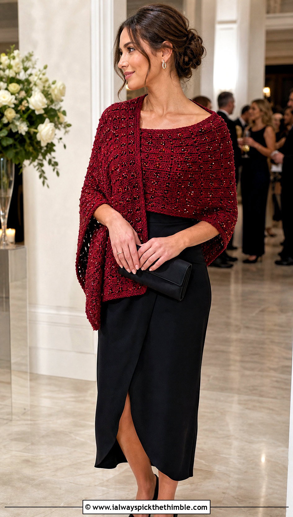 Beaded Rectangular Shawl With Tailored Evening Dress - 20 crochet rectangular shawl outfit ideas