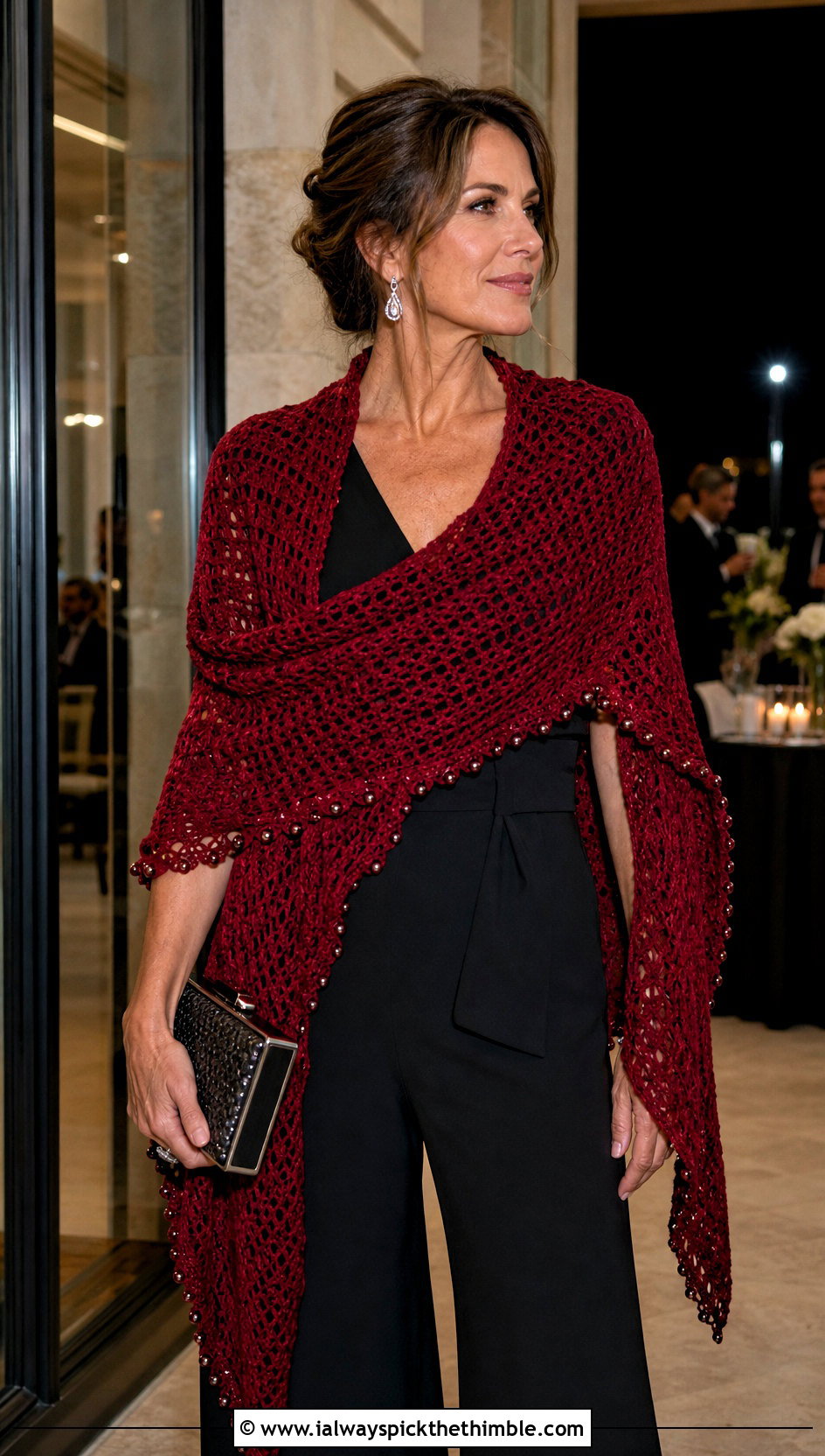 Beaded Red Crochet Shawl With Black Jumpsuit - 15 red crochet shawl outfit ideas