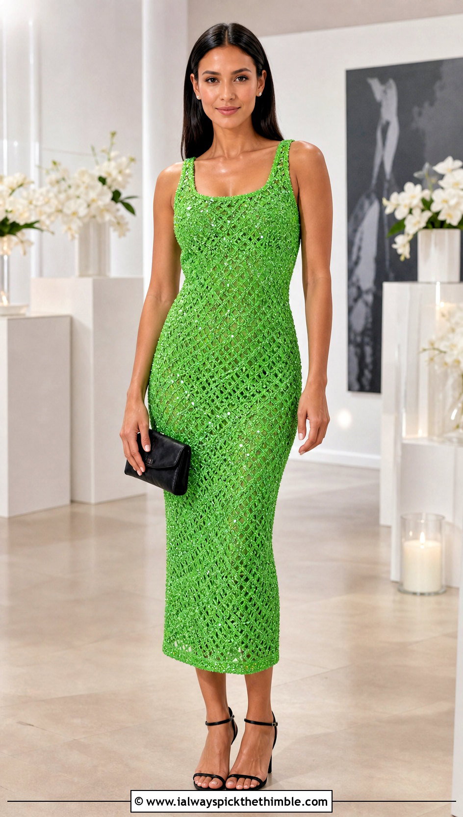 Beaded Sheath Crochet Prom Dress With Simple Sandals - 20 Prom Crochet Dress outfit ideas
