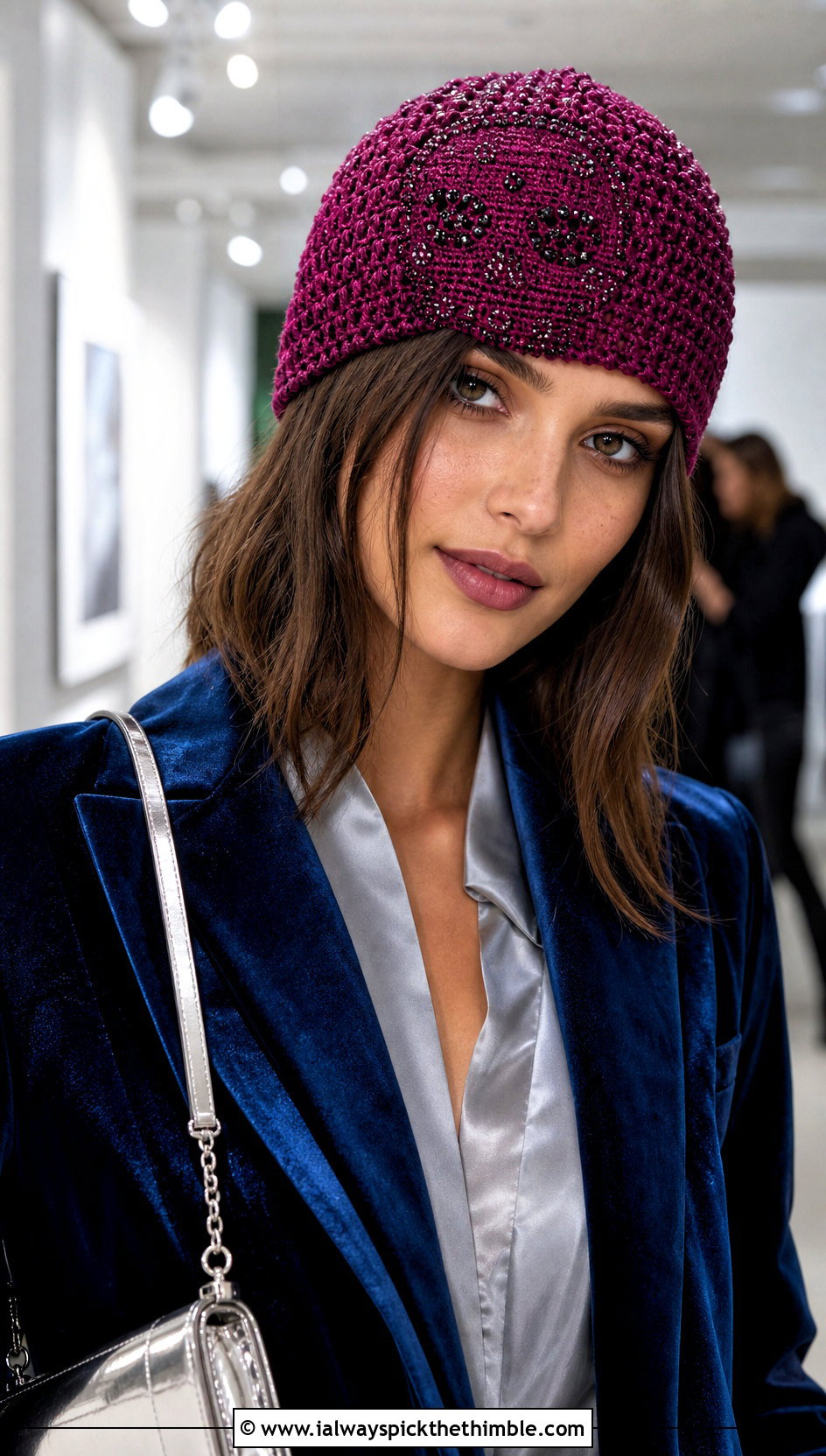 Beaded Skull Crochet Beanie With Velvet Blazer - 20 crochet skull beanie outfit ideas