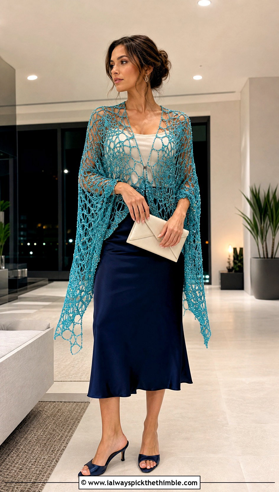 Beaded Spiderweb Crochet Shawl With Satin Skirt - 20 spiderweb crochet shawl outfit ideas
