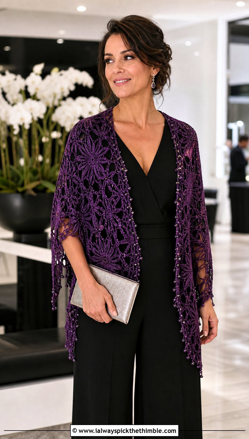 Beaded Star Crochet Shawl With Evening Jumpsuit - 20 star crochet shawl outfit ideas