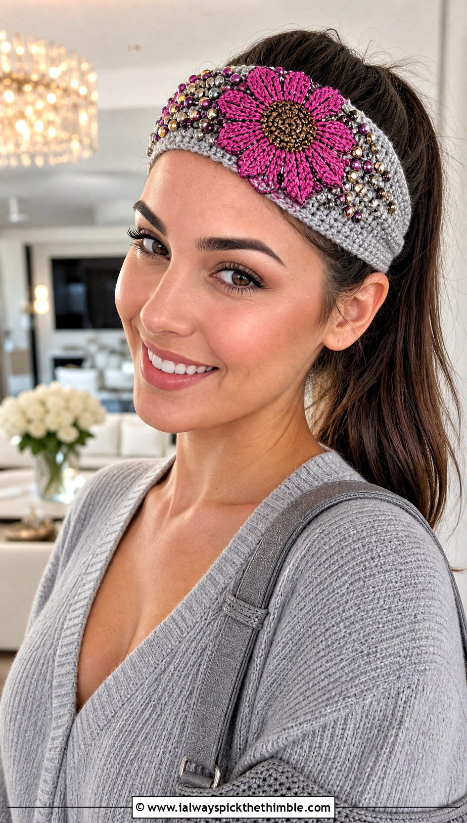 Beaded Sunflower Crochet Headband With Monochrome Knit Set - 20 Crochet Sunflower Headband outfit ideas