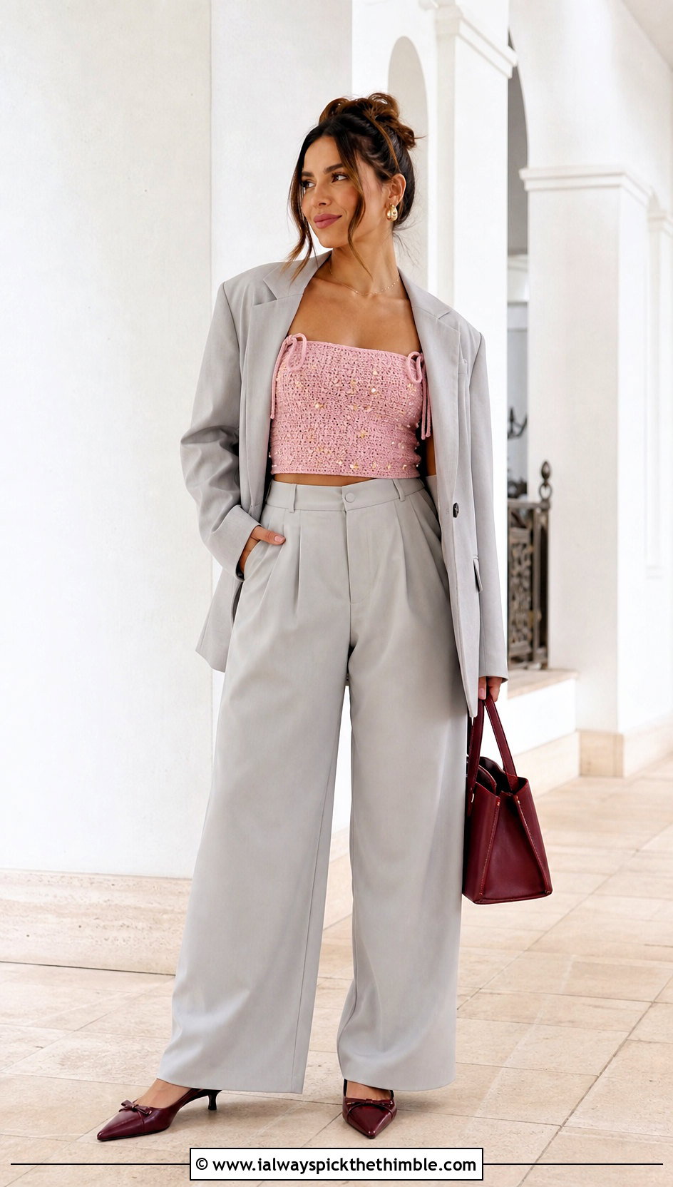 Beaded Tie Strap Crochet Tube Top With Tailored Trousers - 20 Crochet Tube Top With Straps outfit ideas