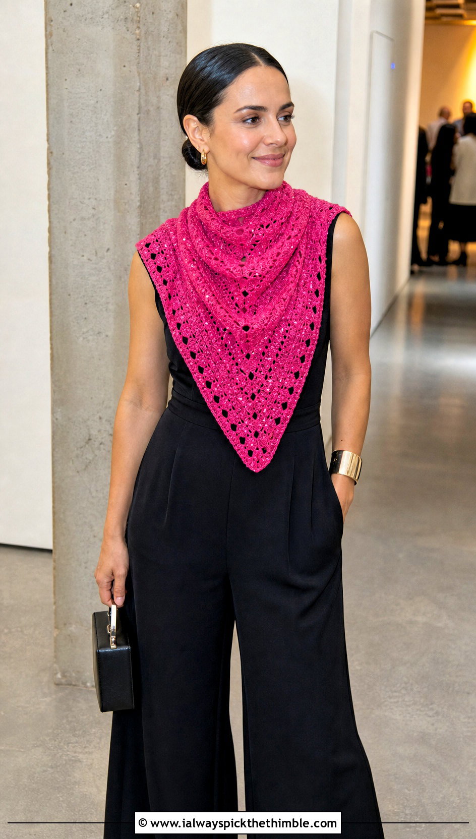 Beaded Triangle Crochet Scarf With Black Jumpsuit - 15 Boho Triangle Crochet Scarf outfit ideas