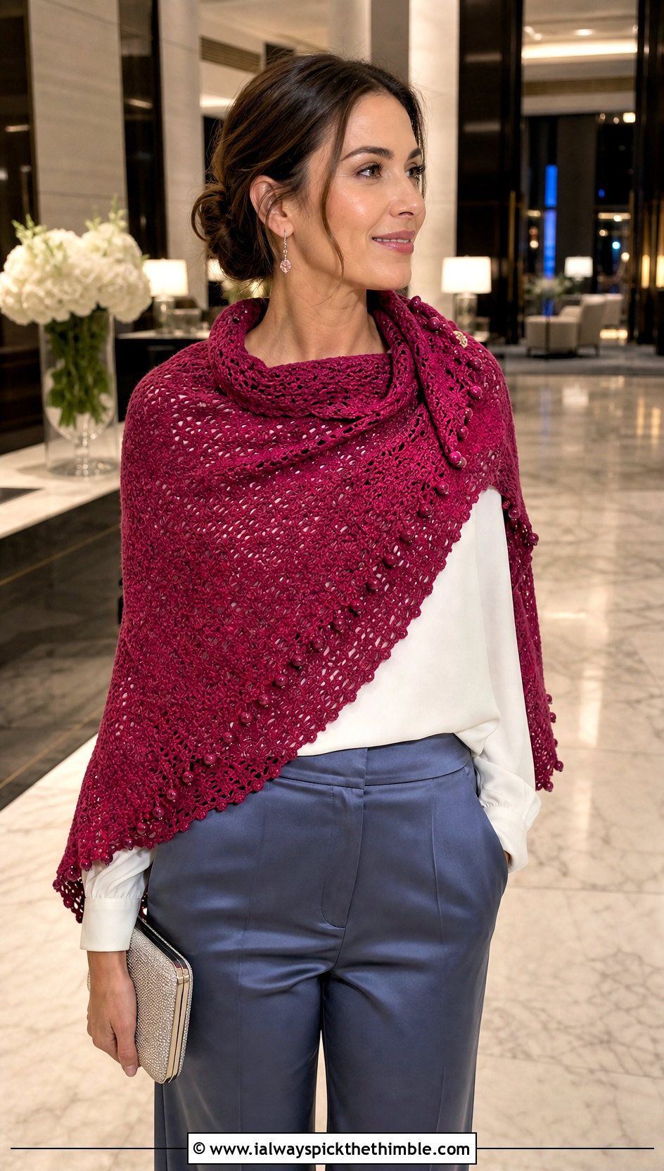 Beaded Triangle Crochet Shawl With Blouse And Satin Pants - 20 easy triangle crochet shawl outfit ideas