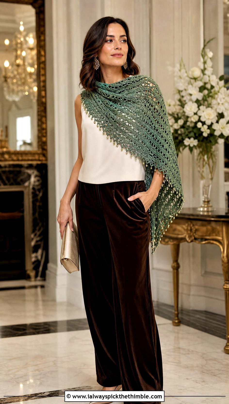 Beaded Triangle Crochet Shawl With Velvet Pants - 25 triangle crochet shawl outfit ideas