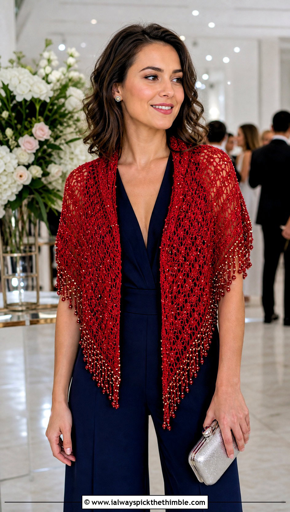 Beaded V Shaped Crochet Shawl With Jumpsuit - 15 V Shaped Crochet Shawl outfit ideas