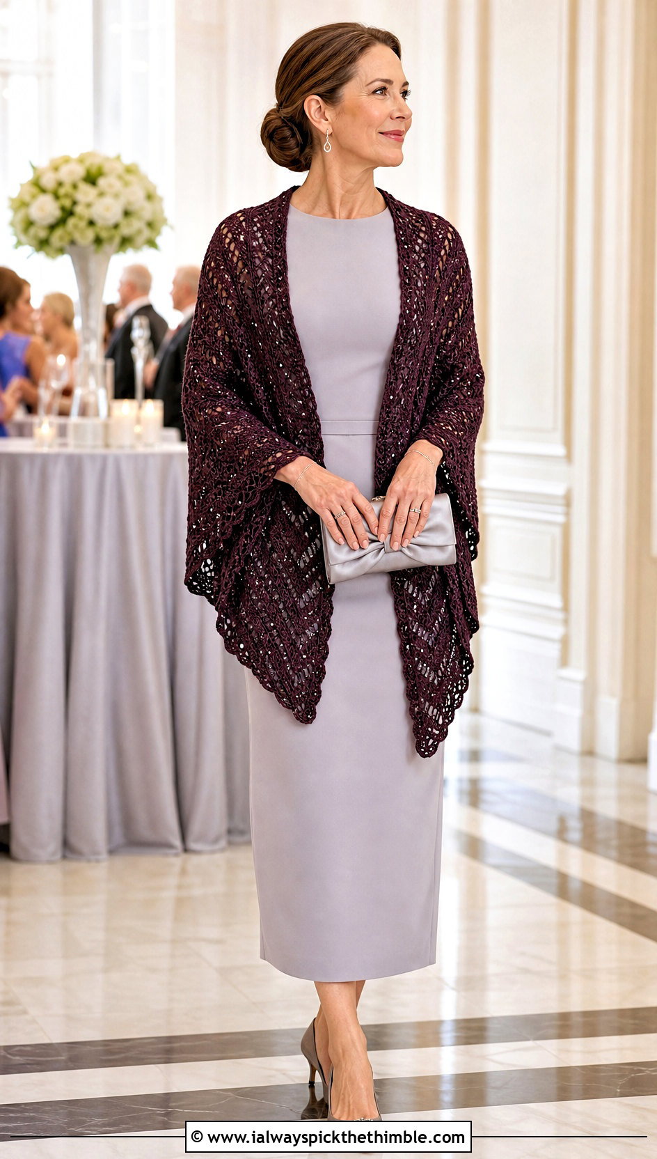 Beaded V Stitch Crochet Shawl With Column Midi Dress - 20 V Stitch Crochet Shawl outfit ideas