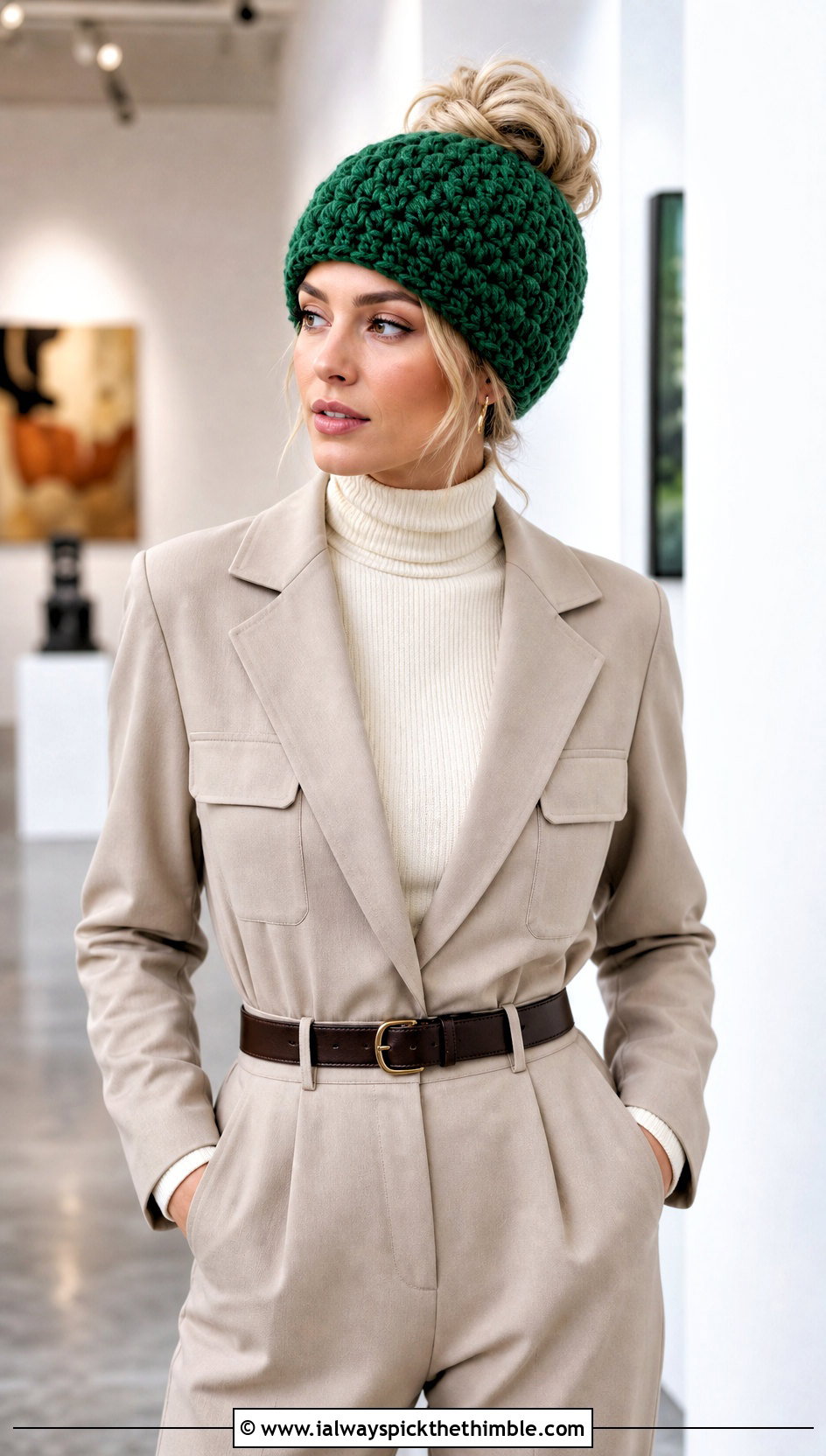 Bean Stitch Crochet Messy Bun Hat With Tailored Jumpsuit - 20 Crochet Messy Bun Hat Bulky Yarn outfit ideas