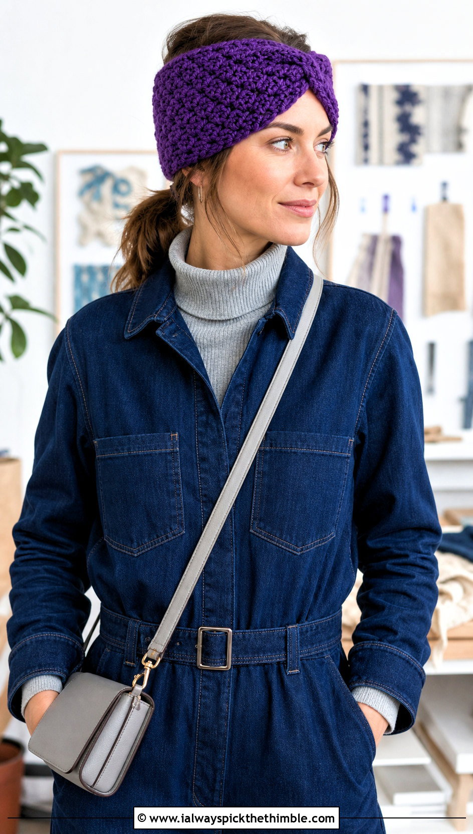 Bean Stitch Crochet Twisted Ear Warmer With Denim Jumpsuit - 25 crochet twisted ear warmer outfit ideas