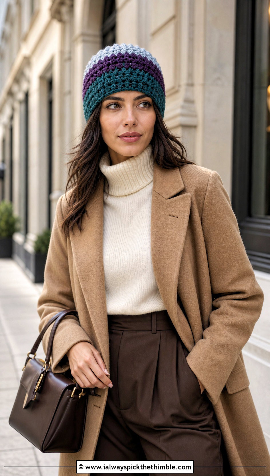 Bean Stitch Huckleberry Color Block Crochet Beanie With Wool Coat And Trousers - 20 Color Block Crochet Beanie outfit ideas