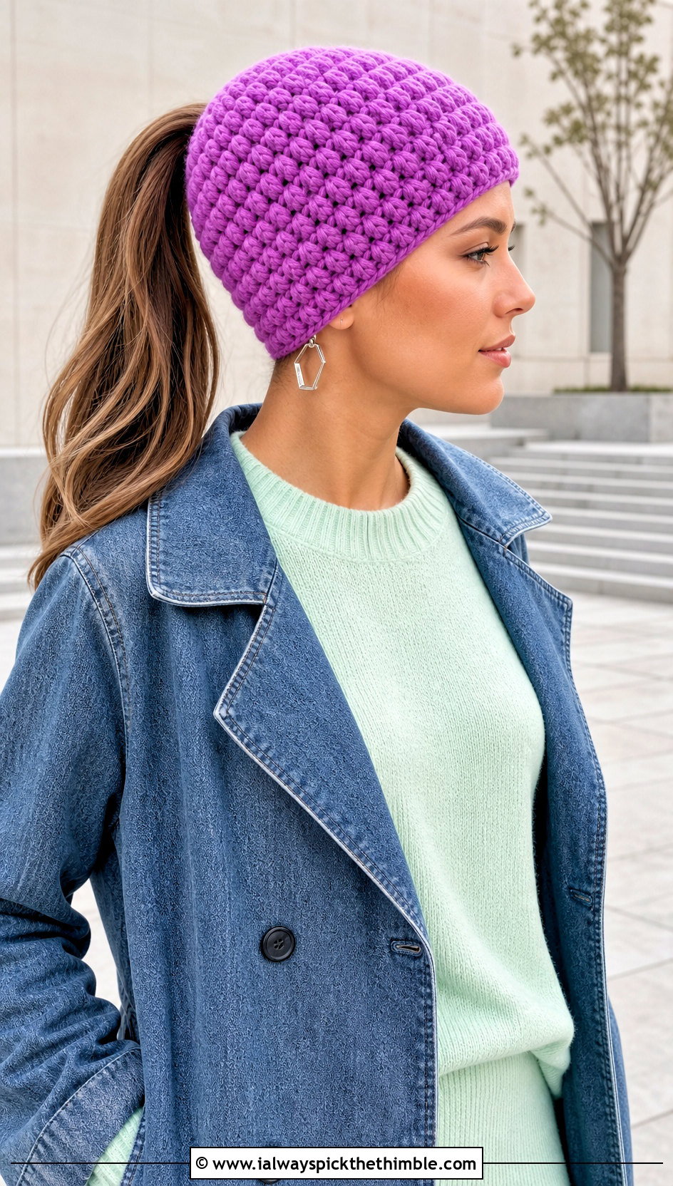 Bean Stitch Ponytail Hat With Denim Coat And Sweater Set - 25 crochet bun hat outfit ideas