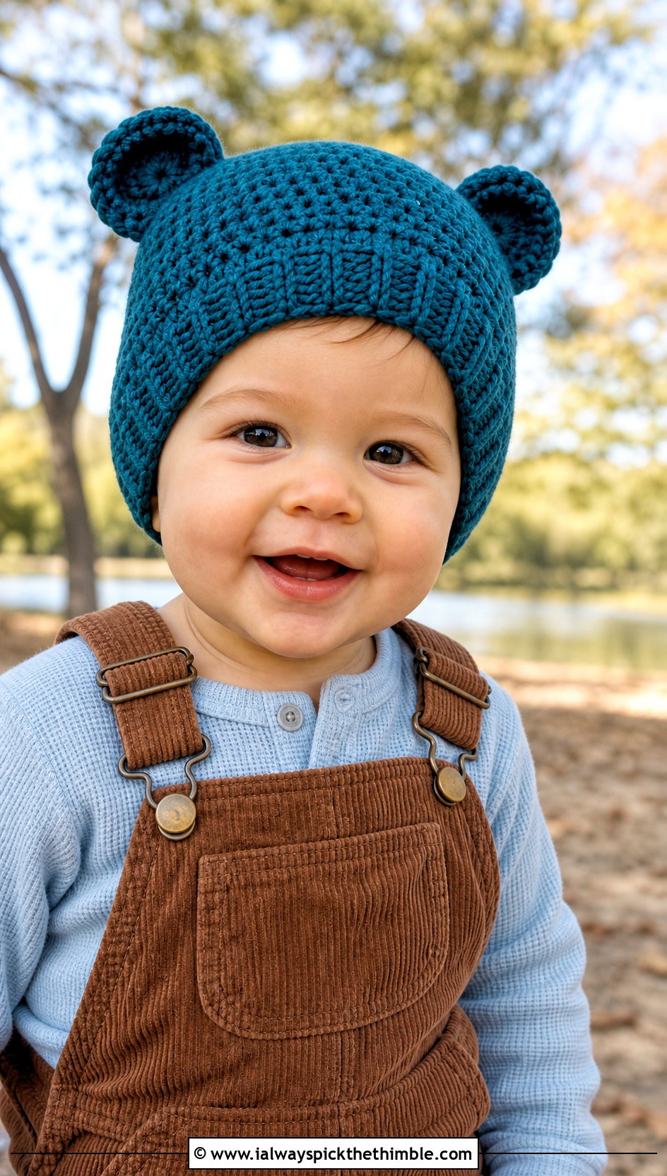 Bear Ear Crochet Beanie With Corduroy Dungarees - 15 12 Month Crochet Hat outfit ideas