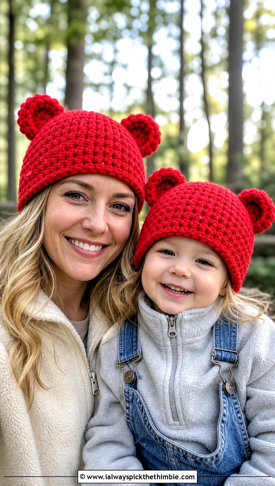 Bear Ear Crochet Hat With Fleece Jackets And Overalls - 20 crochet mommy and me hats outfit ideas