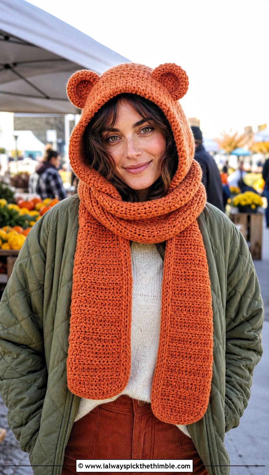 Bear Ear Crochet Hooded Scarf With Quilted Jacket - 20 crochet hood hat outfit ideas