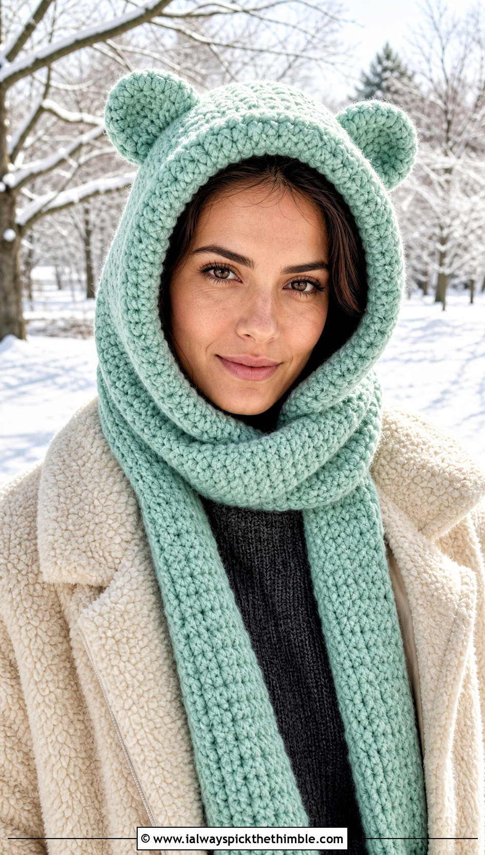 Bear Ear Hooded Scarf Balaclava With Sherpa Jacket - 25 crochet baclava hat outfit ideas