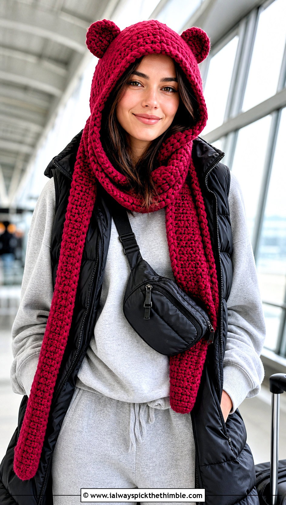 Bear Ear Hooded Scarf With Jogger Set - 25 crochet hood scarf outfit ideas