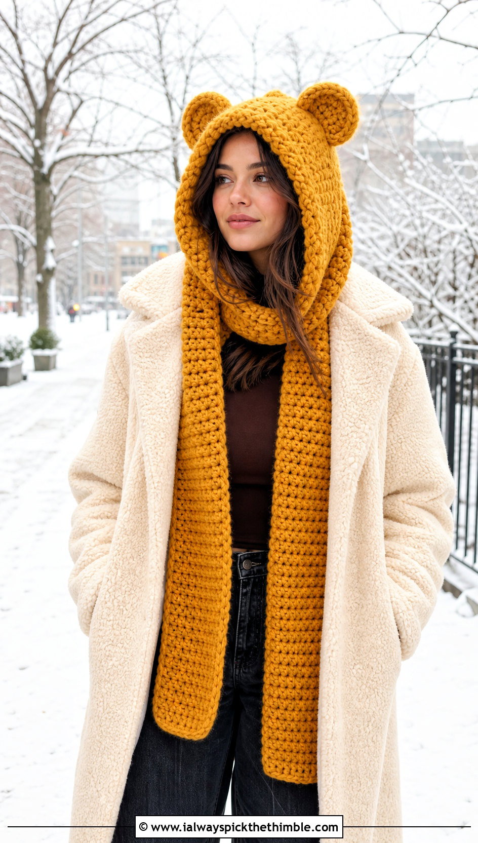 Bear Ear Hooded Scarf With Teddy Coat And Wide Leg Jeans - 25 crochet hooded scarf outfit ideas