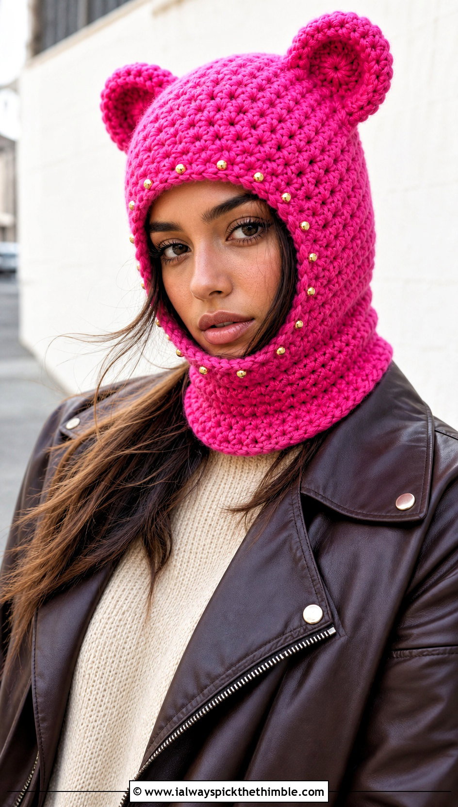 Bear Ear Pink Crochet Balaclava With Leather Jacket - 20 Pink Crochet Balaclava outfit ideas