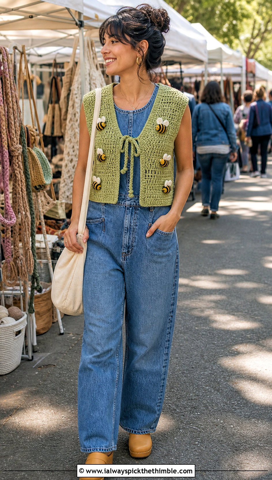 Bee Amigurumi Vest With Denim Jumpsuit - 15 Crochet Amigurumi Vest outfit ideas