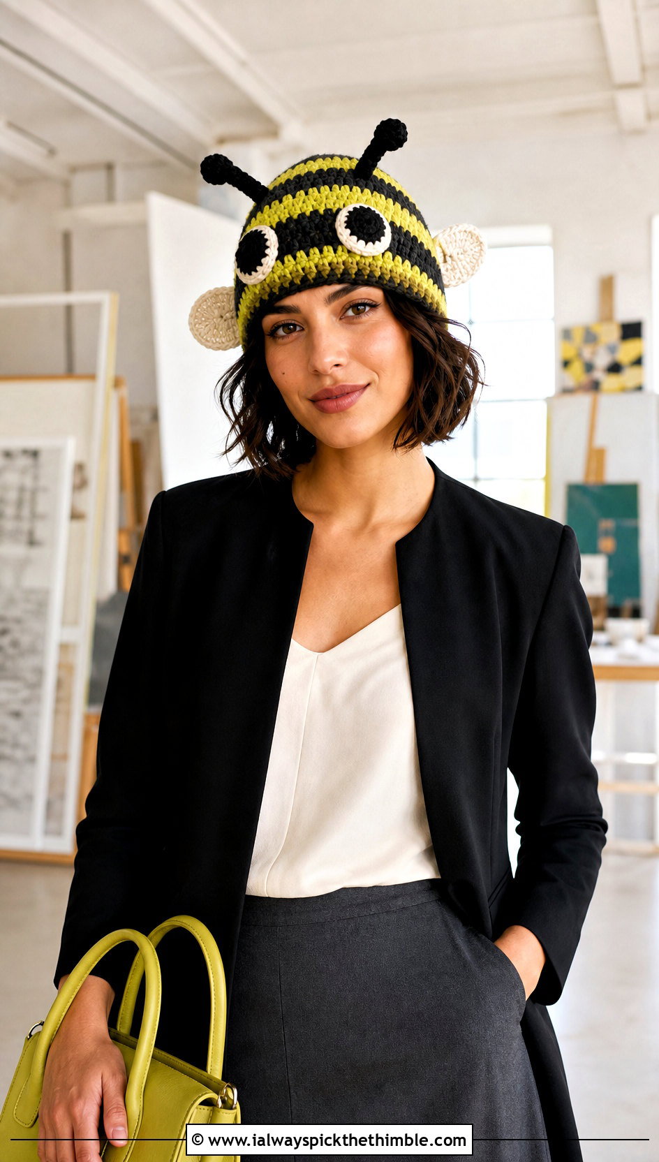 Bee Crochet Hat With Office Blazer And Midi Skirt - 20 funny crochet hat outfit ideas