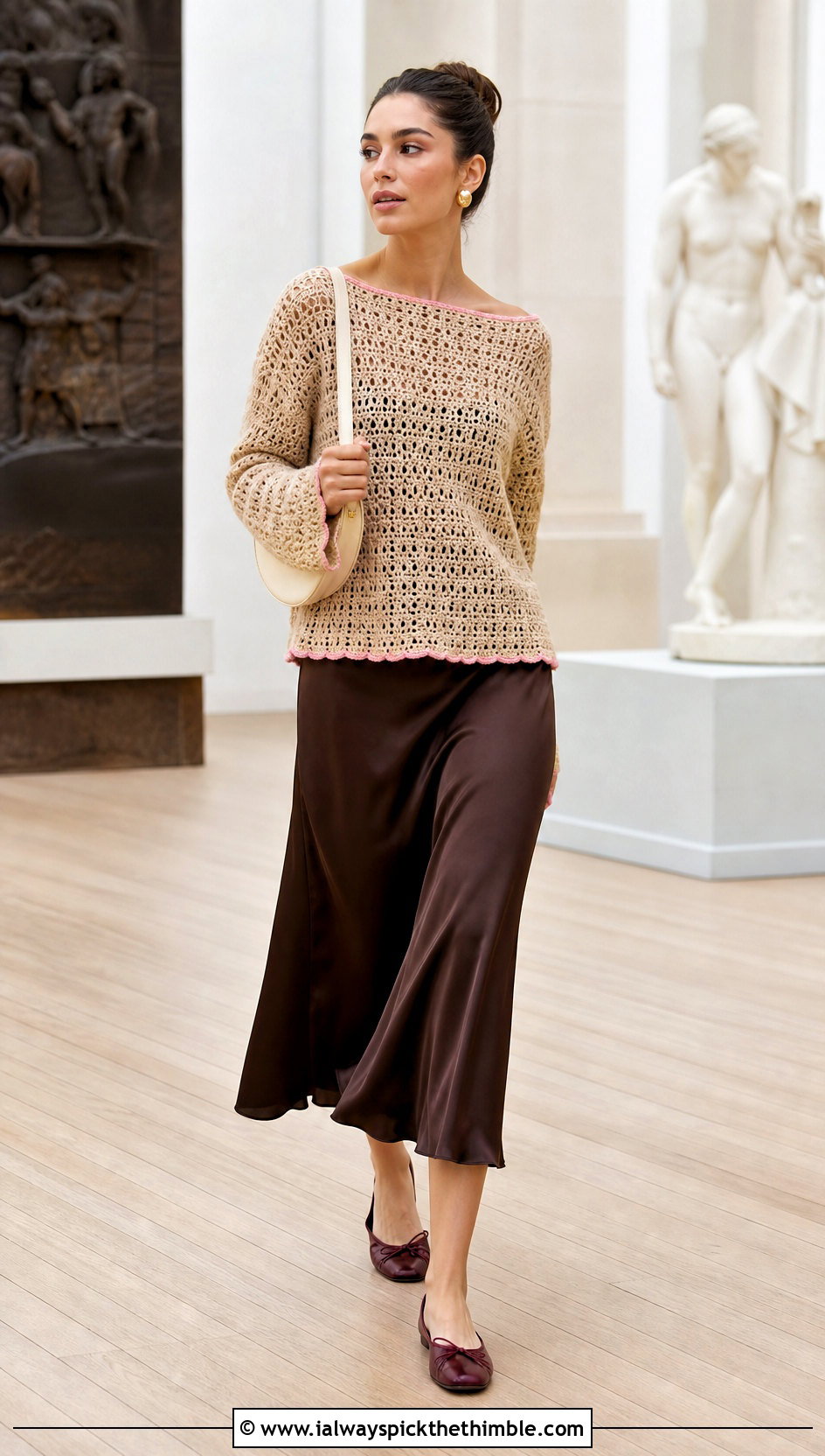 Beige Boat Neck Sweater Over A Slip Dress - 15 Beige Crochet Sweater On Wooden Floor outfit ideas