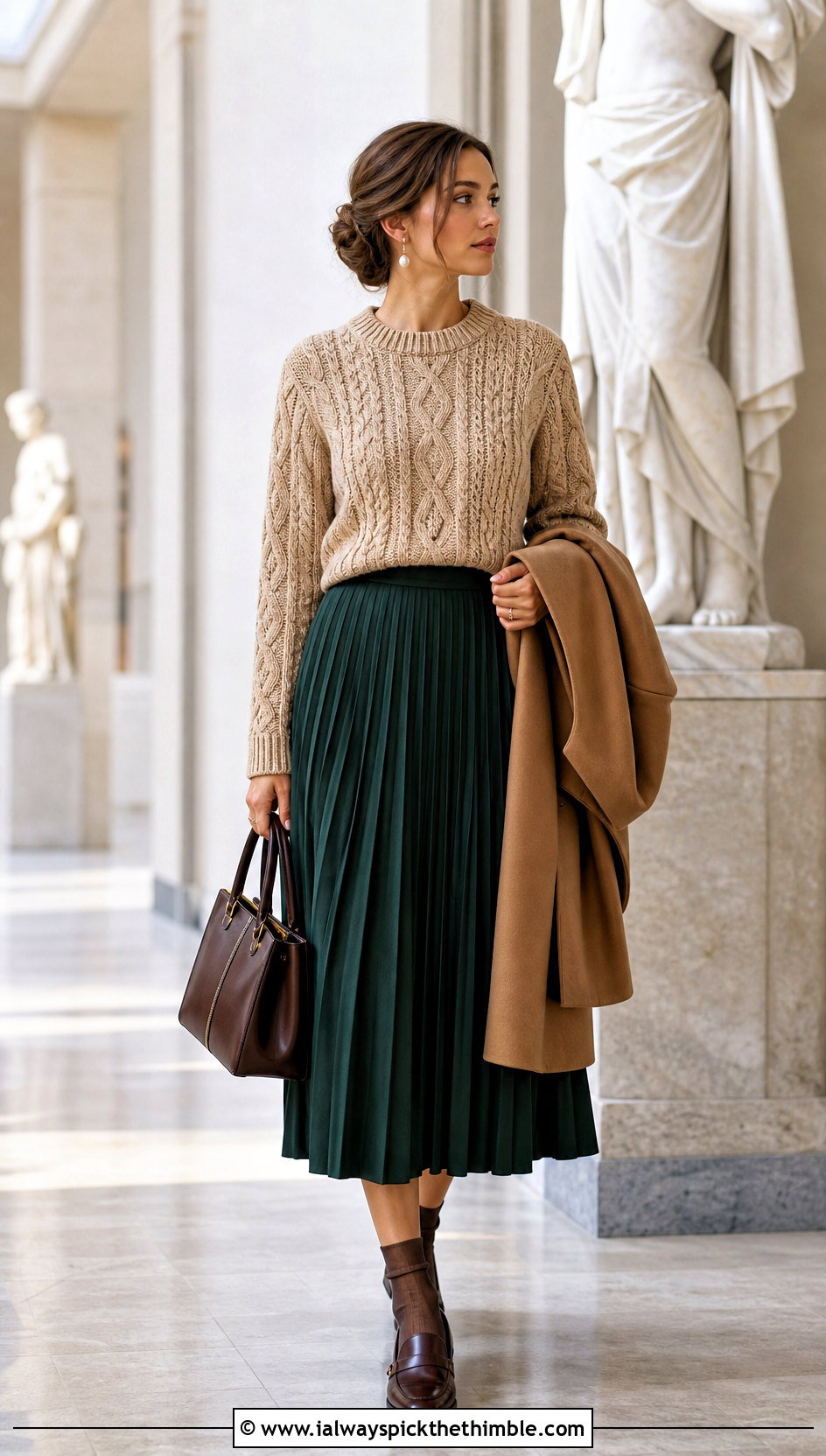 Beige Cable Crochet Sweater With Pleated Midi Skirt - 15 Beige Crochet Sweater On Hanger outfit ideas