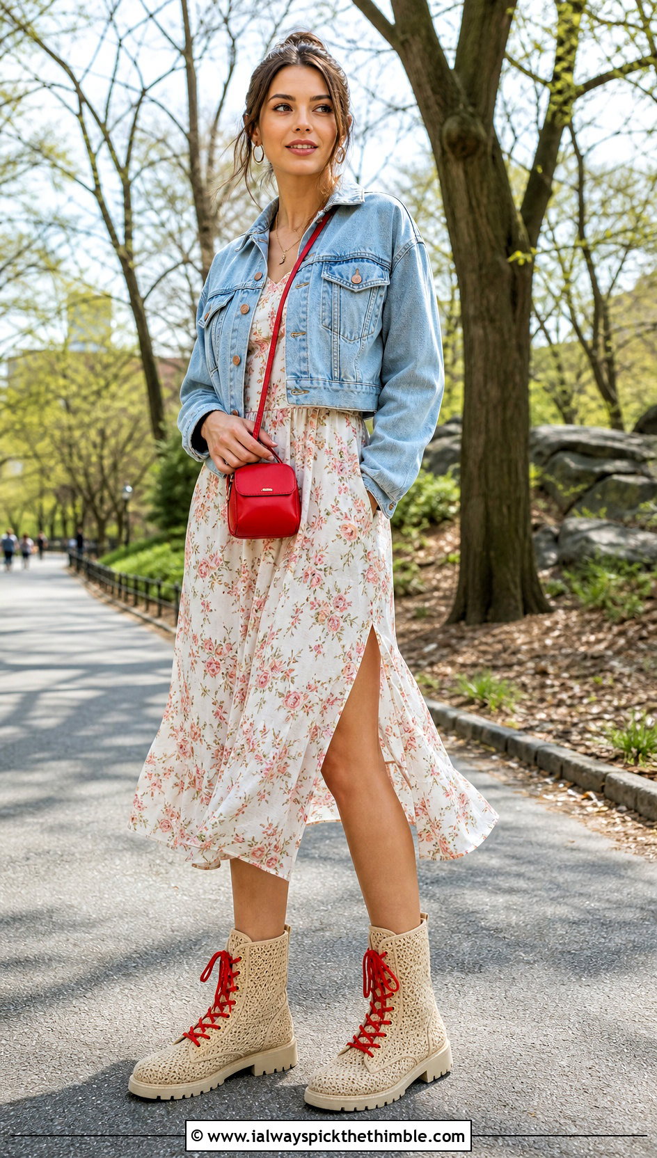 Beige Crochet Combat Boots With Floral Midi Dress - 15 beige crochet boots outfit ideas