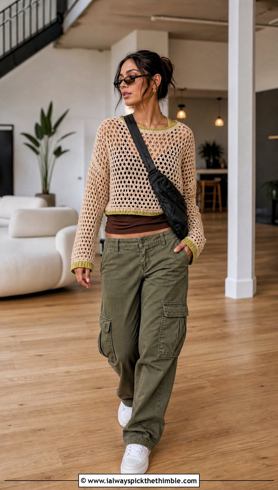 Beige Cropped Mesh Sweater With Cargo Pants - 15 Beige Crochet Sweater On Wooden Floor outfit ideas